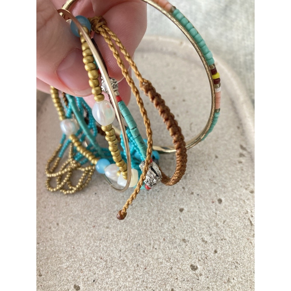 Mixed Bohemian Bracelets Set Of 5 Teal Blue Beaded Bangle Cord Stacking Layering - Picture 5 of 7